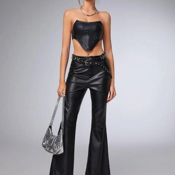 Mob Wives Western Vegan Leather Black Asymmetrical Hem Tube Crop Top - Picture 7 of 9